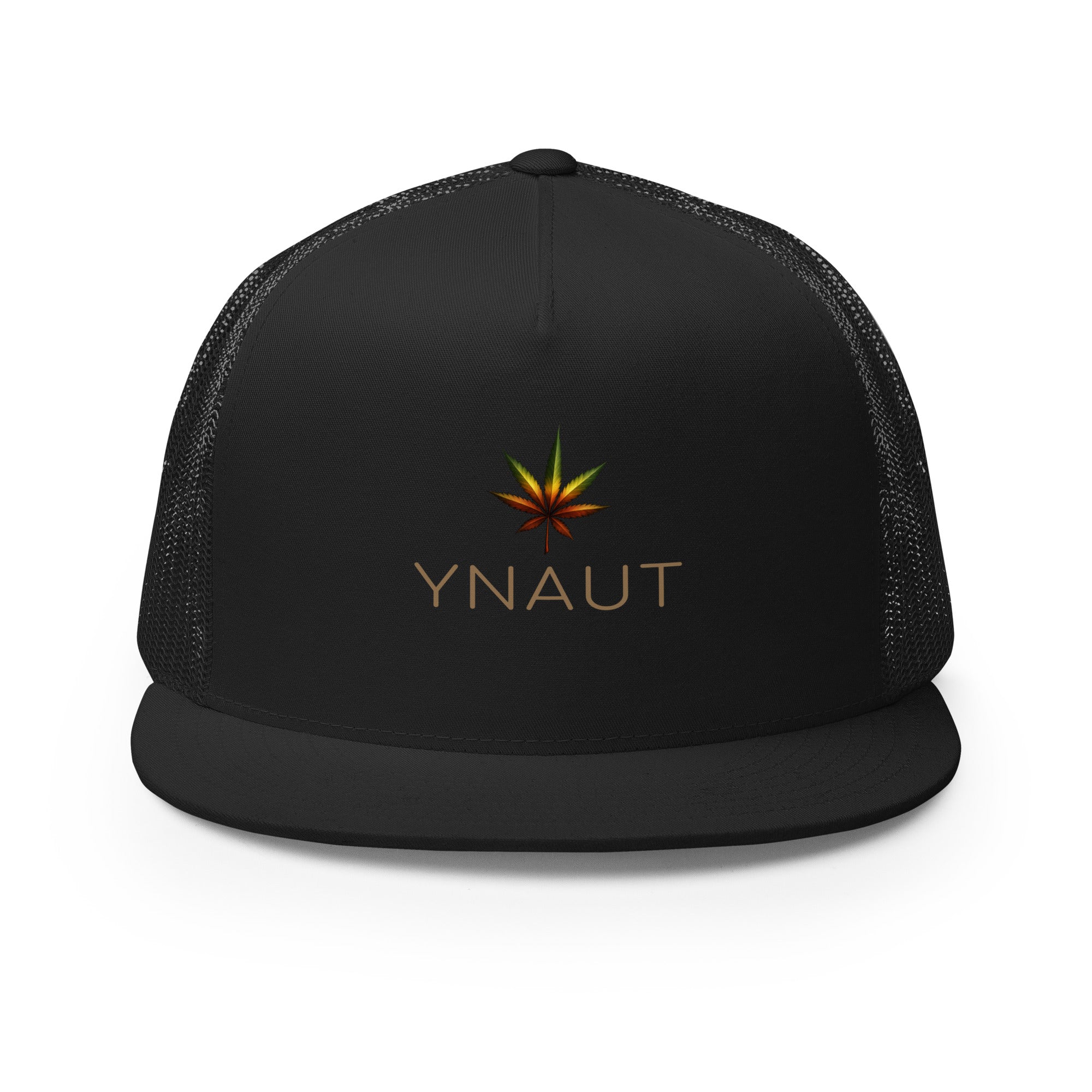 YNAUT Trucker Cap with printed YNAUT logo, 5-panel-trucker-cap-black-front-69dd2594ca216