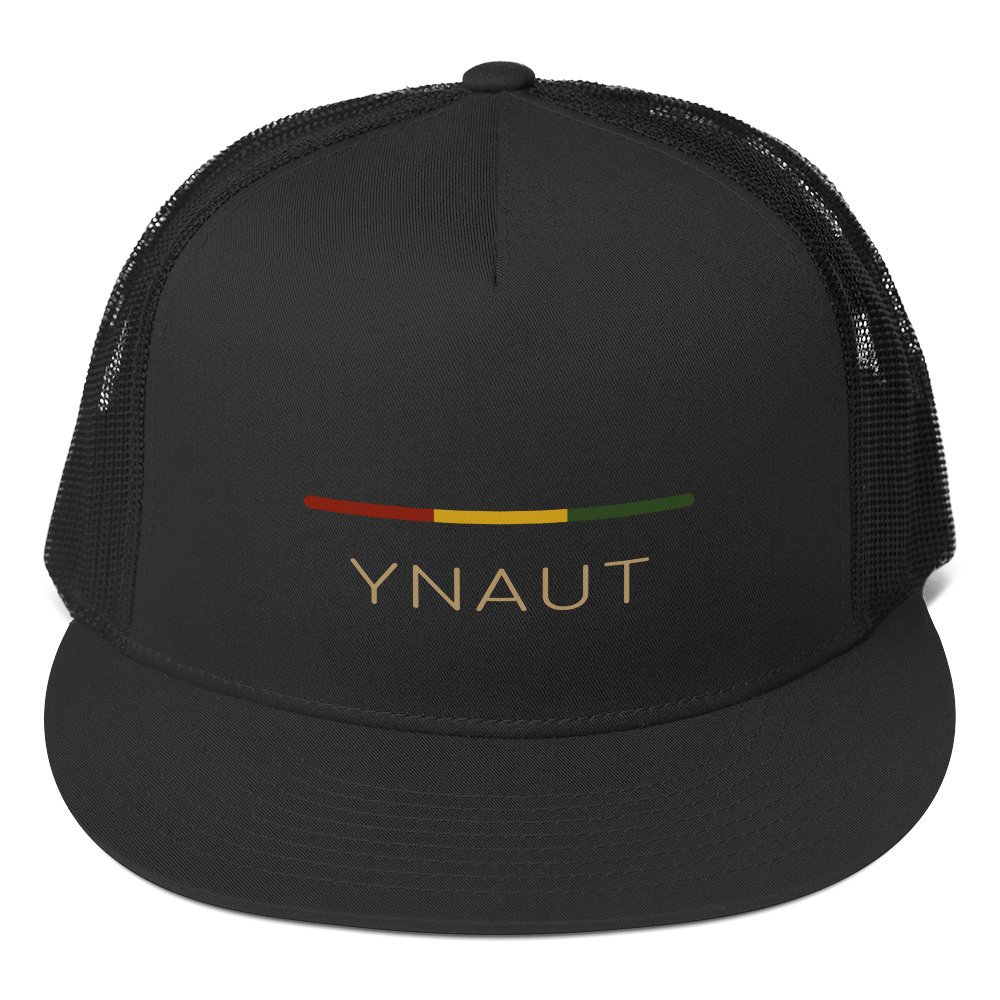 YNAUT Trucker Cap | Stripe Logo High-Profile Minimalist Rasta Hat with printed YNAUT logo, 5-panel-trucker-cap-black-front-6a4be05a01fc5