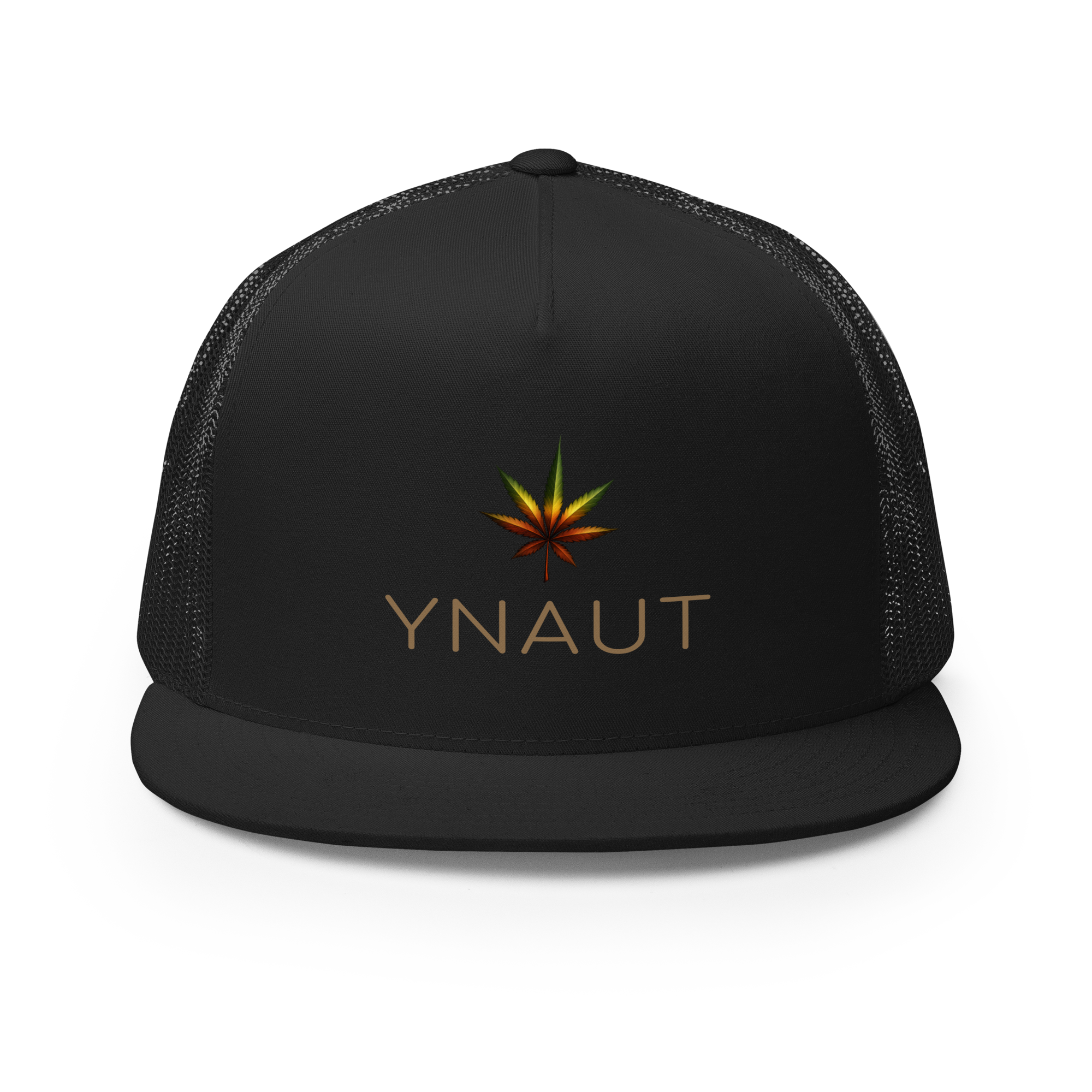 YNAUT Trucker Cap | High-Profile Minimalist Cannabis & Reggae Streetwear Hat with printed YNAUT logo, 5-panel-trucker-cap-black-front-6a5668afd3c8c