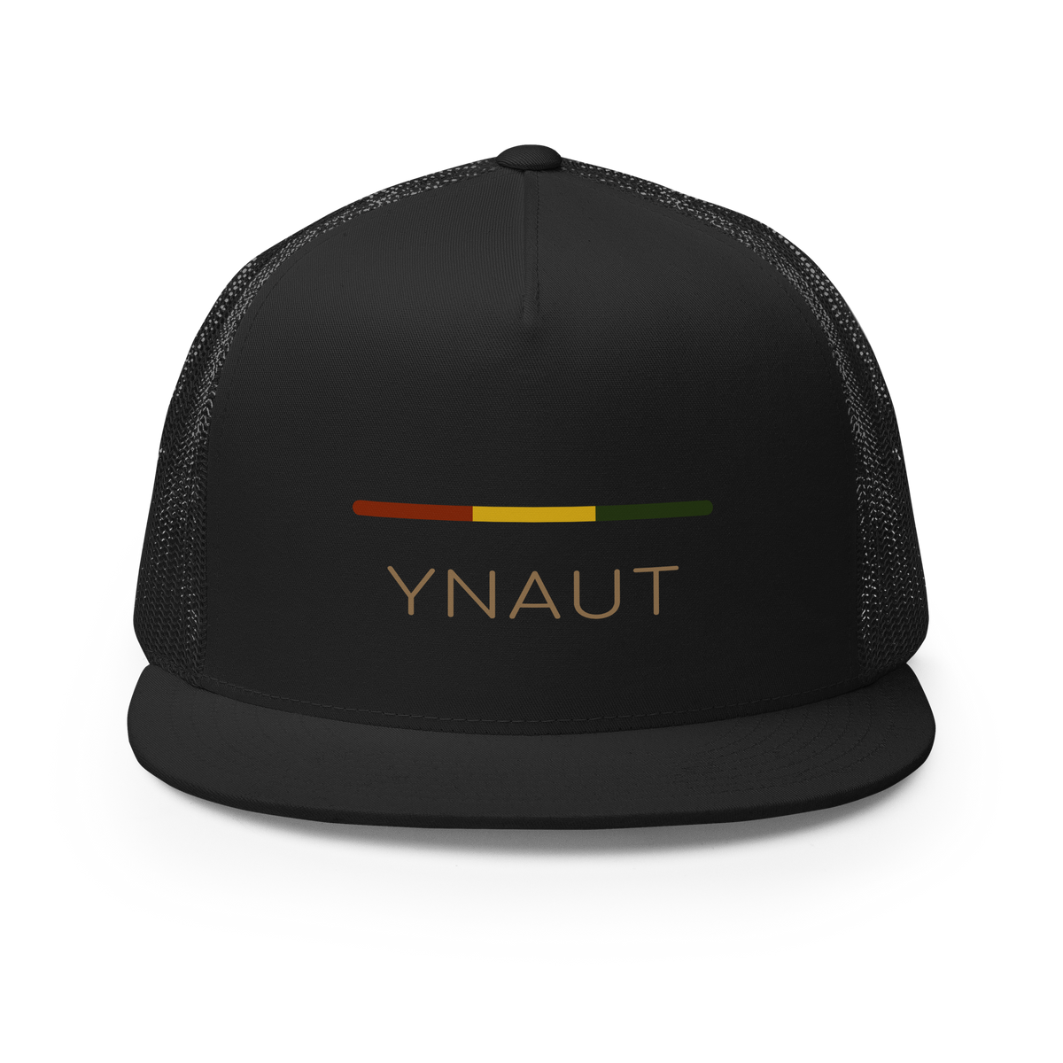 Snapback Trucker Cap | Riddim Collection | YNAUT with printed YNAUT Riddim logo, black, front view