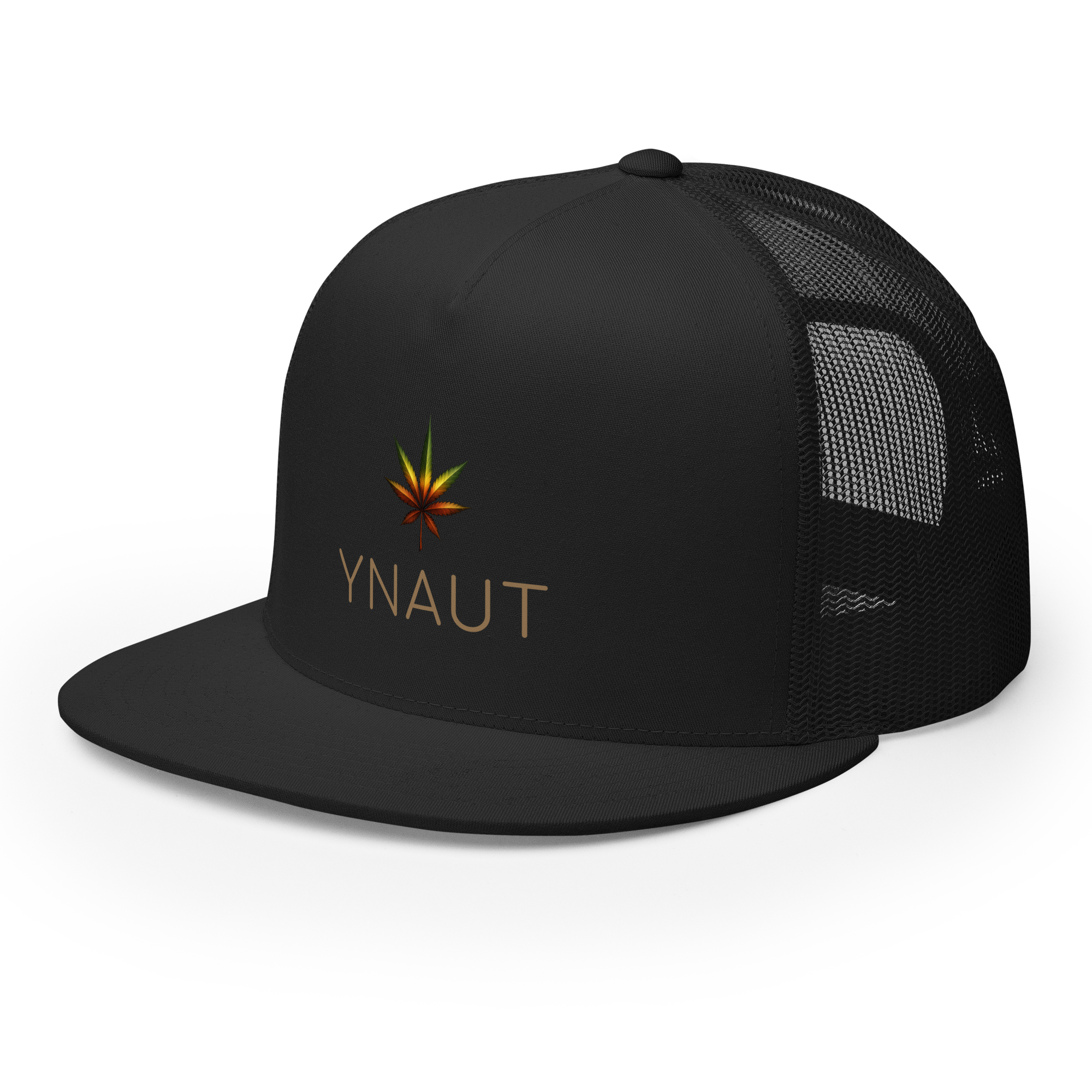 YNAUT Trucker Cap | High-Profile Minimalist Cannabis & Reggae Streetwear Hat with printed YNAUT logo, 5-panel-trucker-cap-black-left-front-6a5668afd3cf1