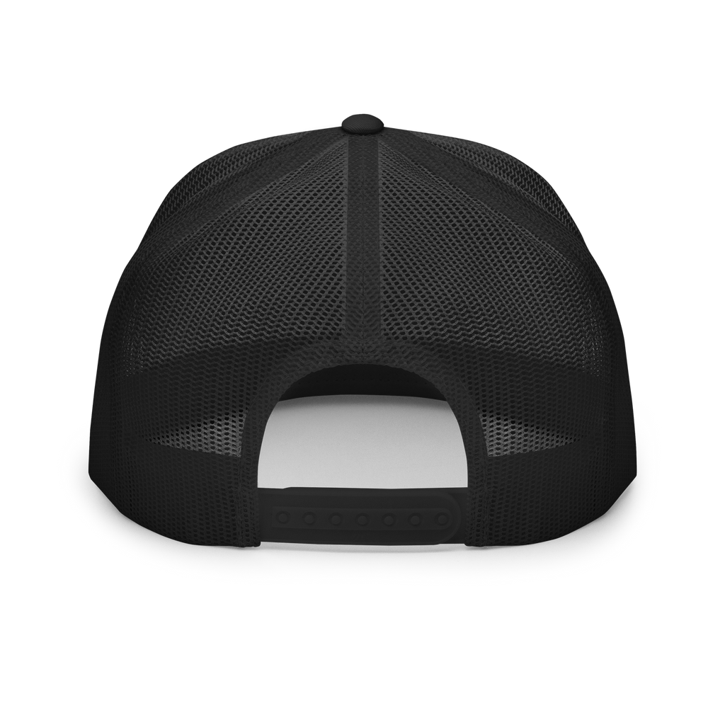 YNAUT Trucker Cap | Stripe Logo High-Profile Minimalist Rasta Hat with printed YNAUT logo, 5-panel-trucker-cap-black-white-black-back-6a4be05a01f13
