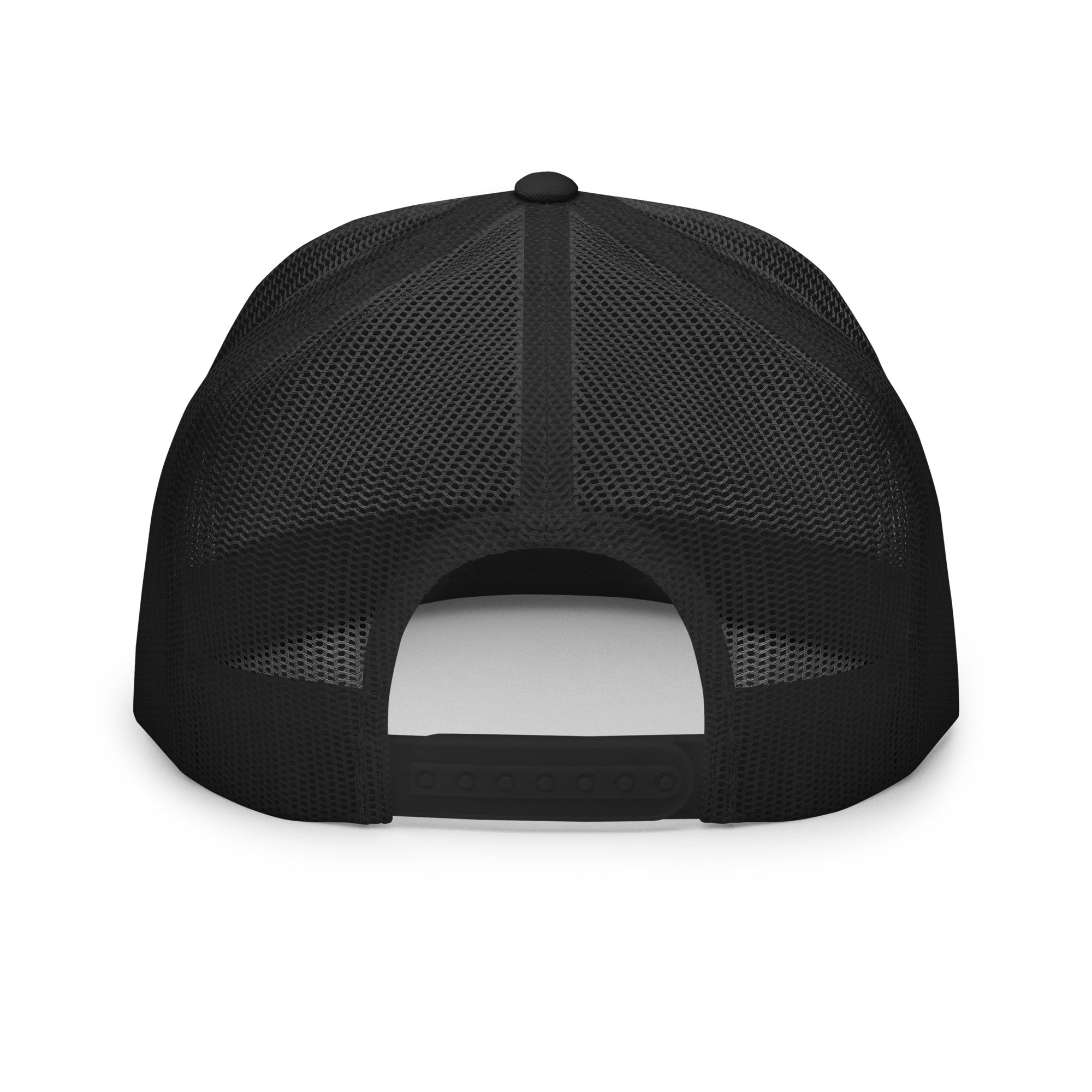 YNAUT Trucker Cap | Stripe Logo High-Profile Minimalist Rasta Hat with printed YNAUT logo, 5-panel-trucker-cap-black-white-black-back-6a4be05a01f13