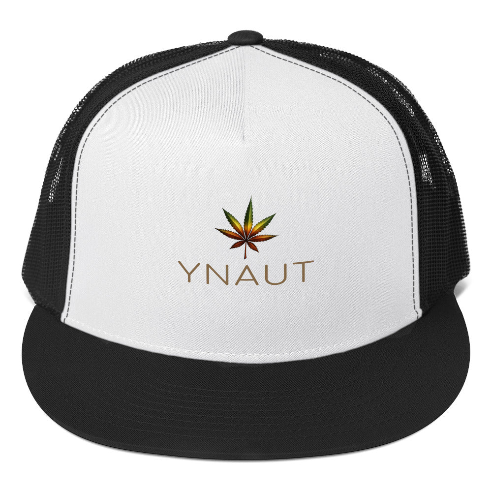 YNAUT Trucker Cap with printed YNAUT logo, 5-panel-trucker-cap-black-white-black-front-69dd2594c90c9