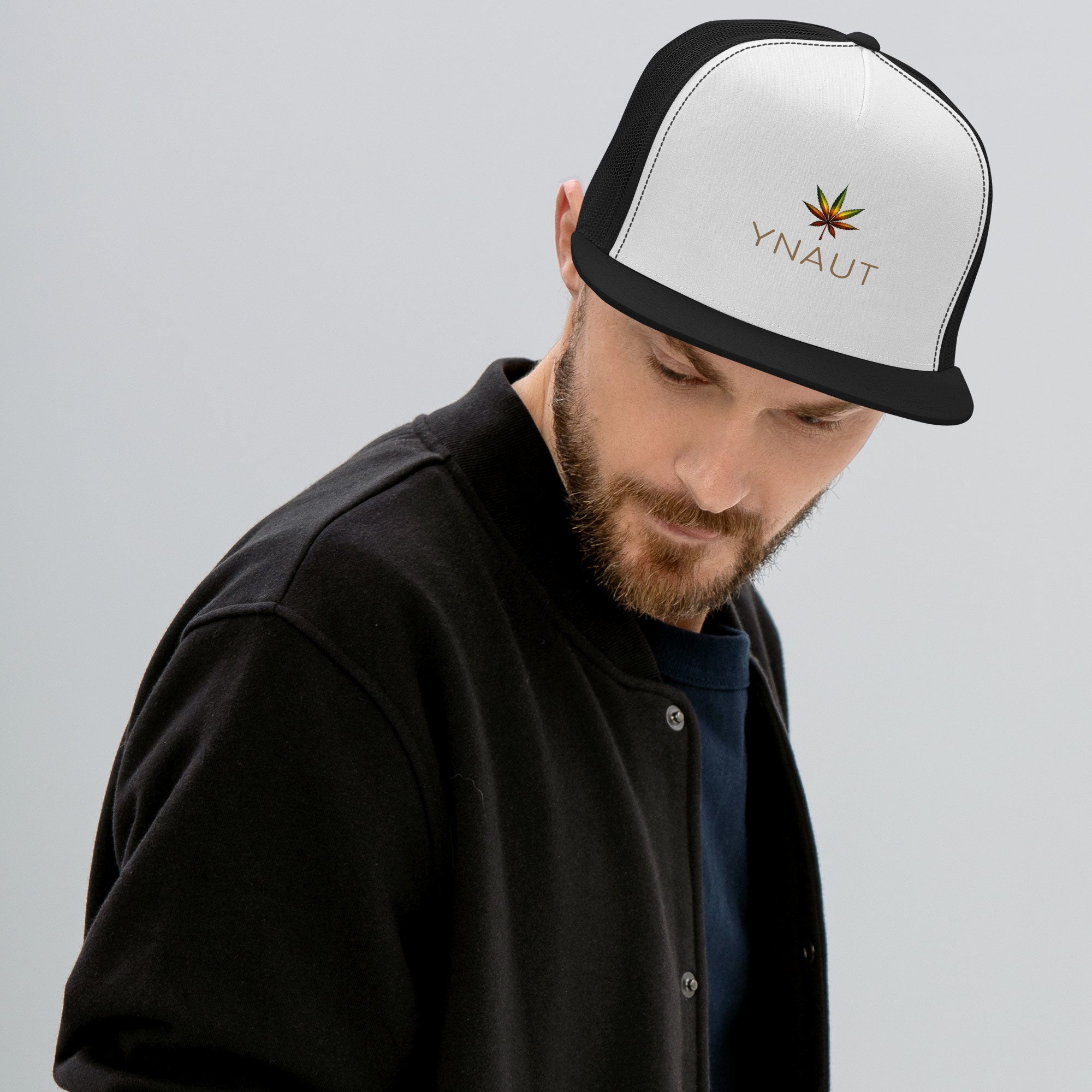 YNAUT Trucker Cap with printed YNAUT logo, 5-panel-trucker-cap-black-white-black-front-69dd2594c9b3c