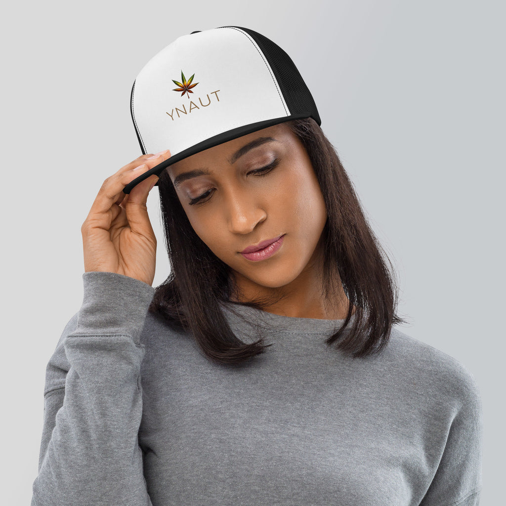 YNAUT Trucker Cap with printed YNAUT logo, 5-panel-trucker-cap-black-white-black-front-69dd2594c9c18