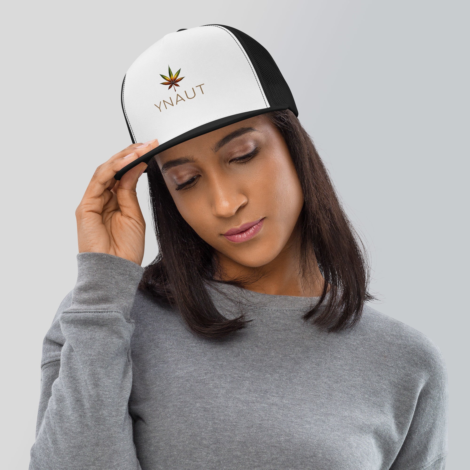 YNAUT Trucker Cap with printed YNAUT logo, 5-panel-trucker-cap-black-white-black-front-69dd2594c9c18