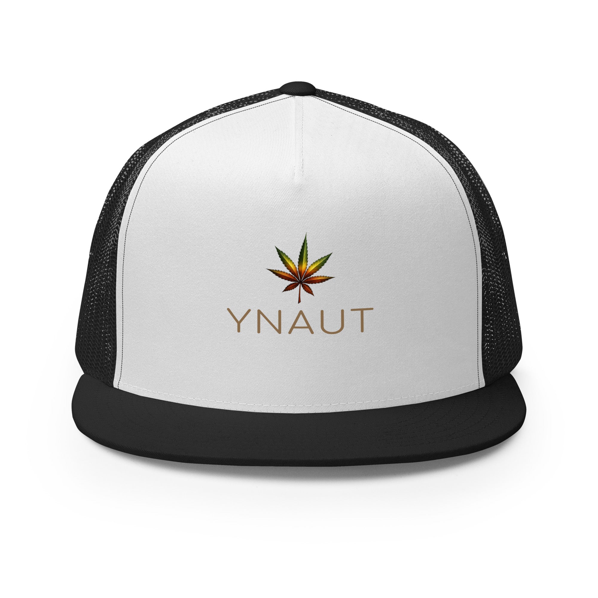 YNAUT Trucker Cap with printed YNAUT logo, 5-panel-trucker-cap-black-white-black-front-69dd2594caa36