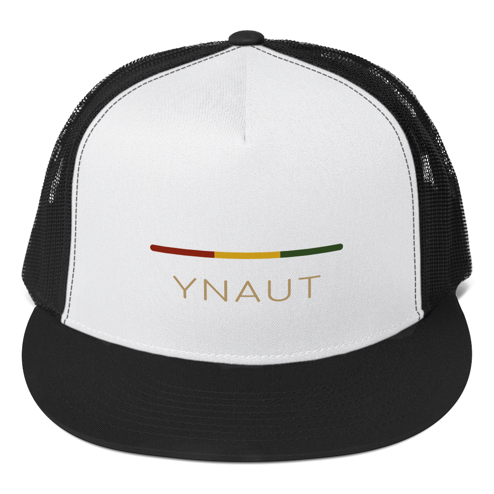 YNAUT Trucker Cap | Stripe Logo High-Profile Minimalist Rasta Hat with printed YNAUT logo, 5-panel-trucker-cap-black-white-black-front-6a4be05a010b0