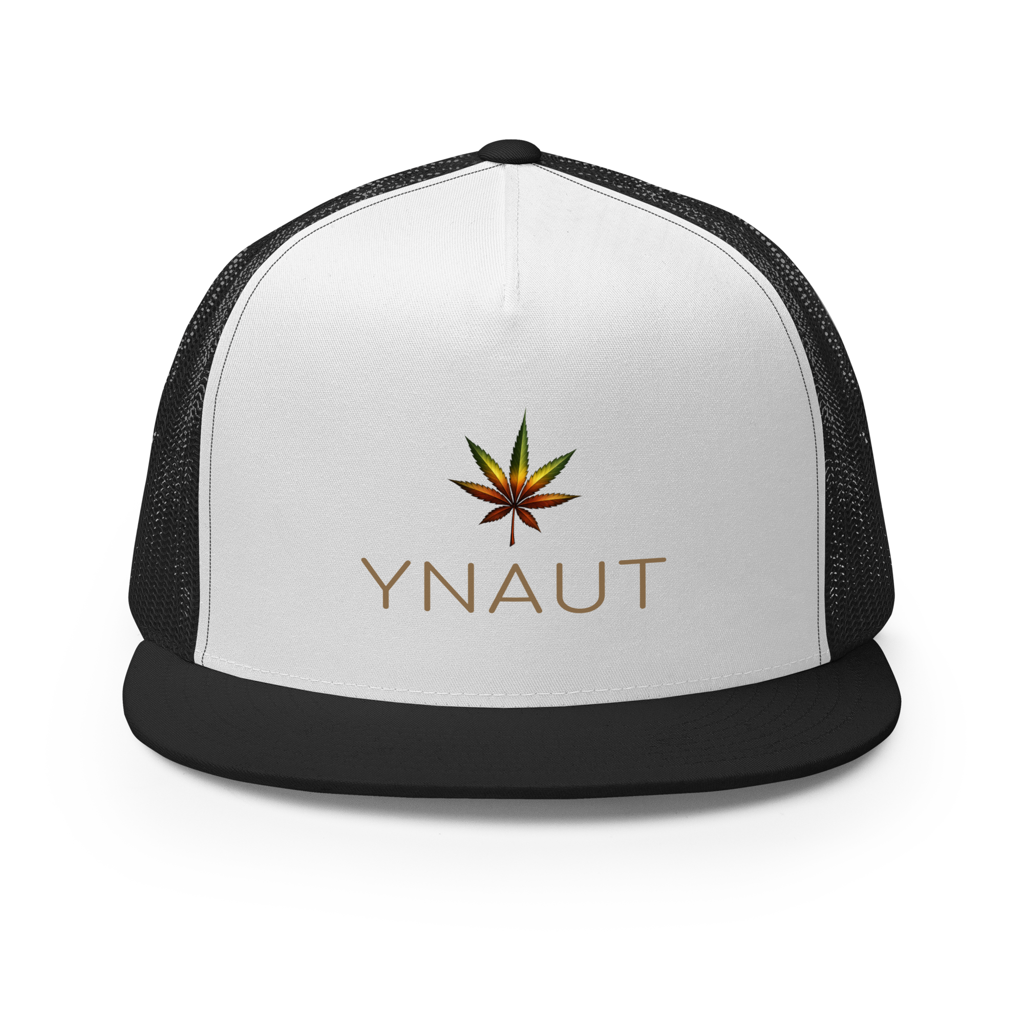YNAUT Trucker Cap | High-Profile Minimalist Cannabis & Reggae Streetwear Hat with printed YNAUT logo, 5-panel-trucker-cap-black-white-black-front-6a5668afd24b3