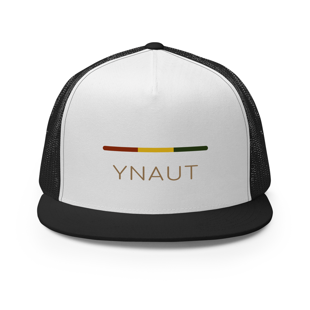 Snapback Trucker Cap | Riddim Collection | YNAUT with printed YNAUT Riddim logo, black white black, front view