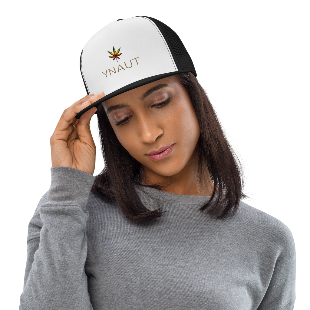 Snapback Trucker Cap | High Tide Collection | YNAUT with printed YNAUT High Tide logo, black white black, front view