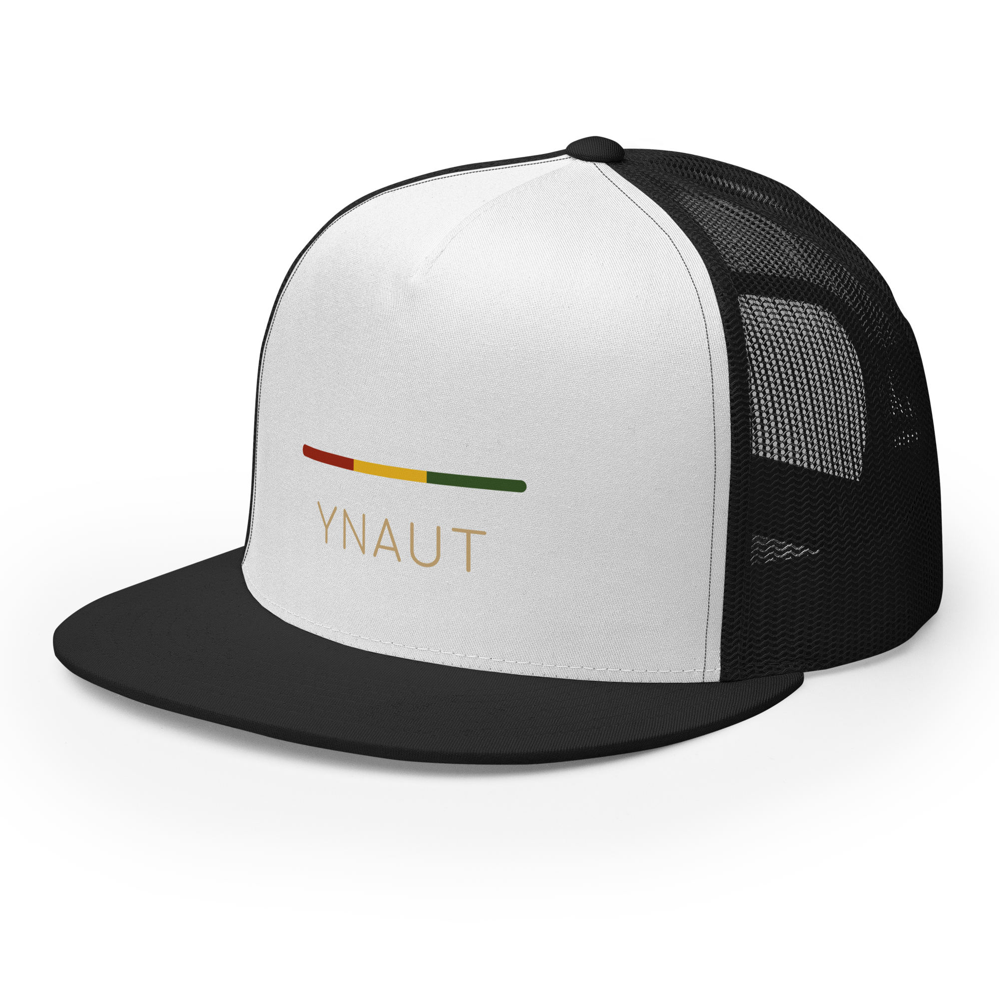 YNAUT Trucker Cap | Stripe Logo High-Profile Minimalist Rasta Hat with printed YNAUT logo, 5-panel-trucker-cap-black-white-black-left-front-6a4be05a01e89