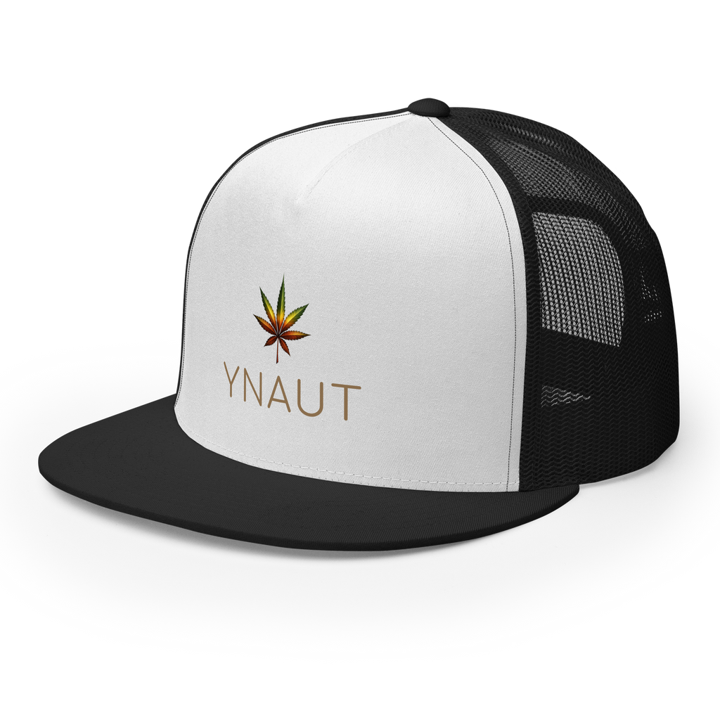 YNAUT Trucker Cap | High-Profile Minimalist Cannabis & Reggae Streetwear Hat with printed YNAUT logo, 5-panel-trucker-cap-black-white-black-left-front-6a5668afd3ee3