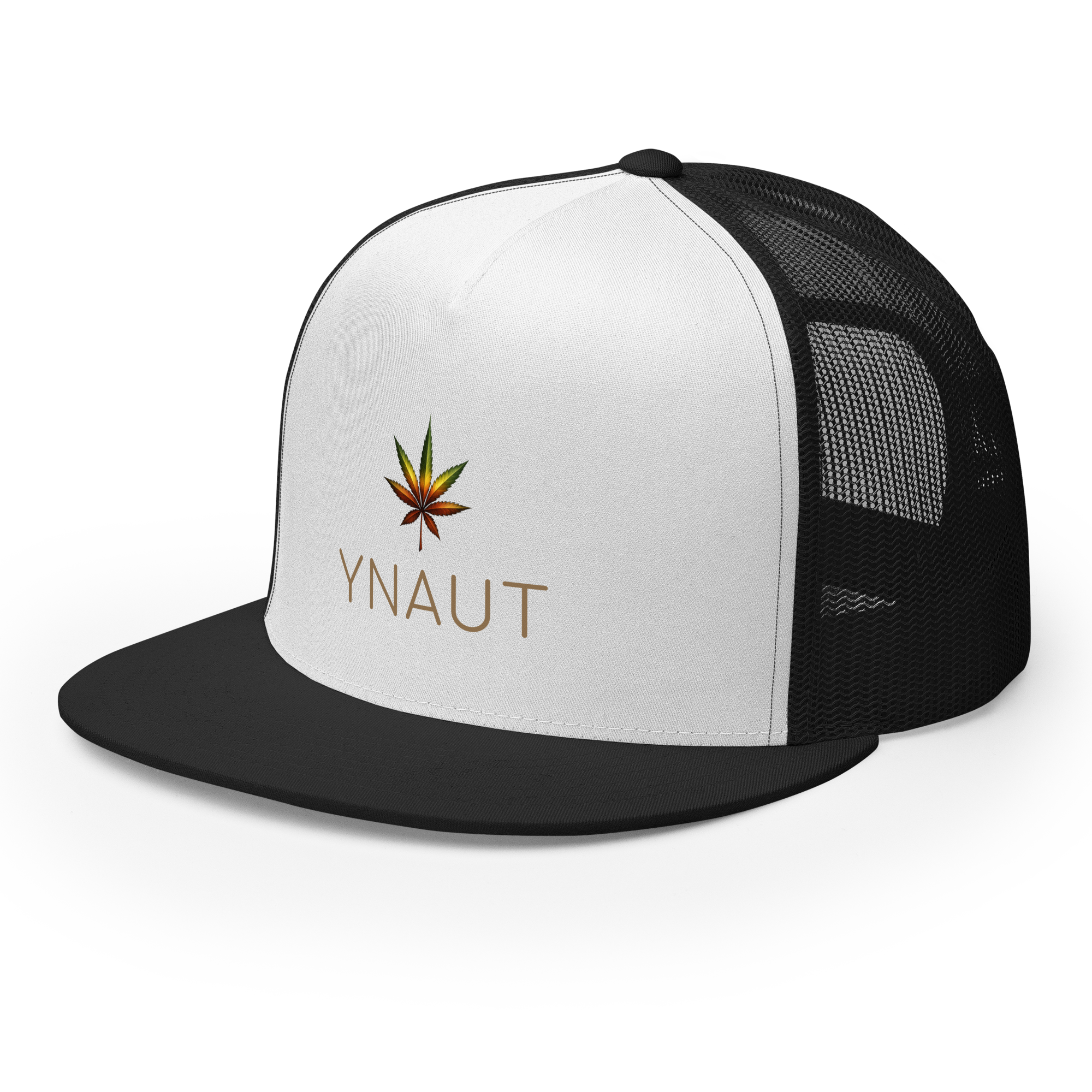 YNAUT Trucker Cap | High-Profile Minimalist Cannabis & Reggae Streetwear Hat with printed YNAUT logo, 5-panel-trucker-cap-black-white-black-left-front-6a5668afd3ee3