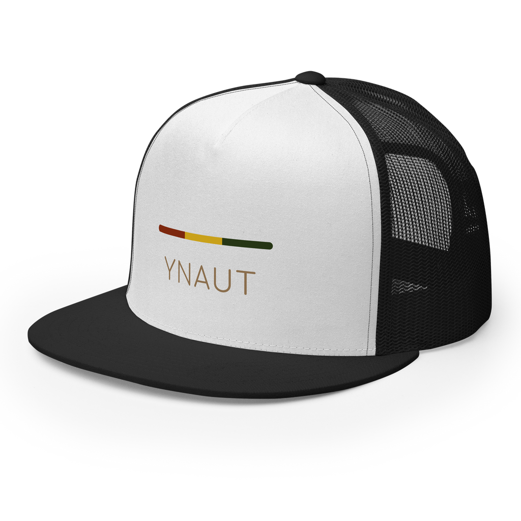 Snapback Trucker Cap | Riddim Collection | YNAUT with printed YNAUT Riddim logo, black white black, left front view