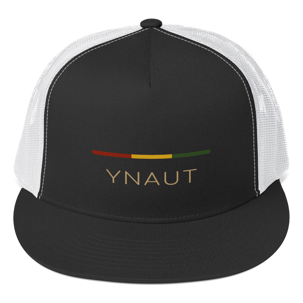 YNAUT Trucker Cap | Stripe Logo High-Profile Minimalist Rasta Hat with printed YNAUT logo, 5-panel-trucker-cap-black-white-front-6a4be05a01f4a