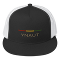 YNAUT Trucker Cap | Stripe Logo High-Profile Minimalist Rasta Hat with printed YNAUT logo, 5-panel-trucker-cap-black-white-front-6a4be05a01f4a