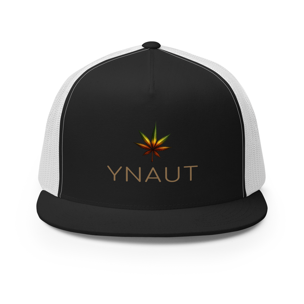 YNAUT Trucker Cap | High-Profile Minimalist Cannabis & Reggae Streetwear Hat with printed YNAUT logo, 5-panel-trucker-cap-black-white-front-6a5668afd3b87