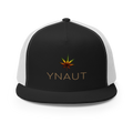 YNAUT Trucker Cap | High-Profile Minimalist Cannabis & Reggae Streetwear Hat with printed YNAUT logo, 5-panel-trucker-cap-black-white-front-6a5668afd3b87