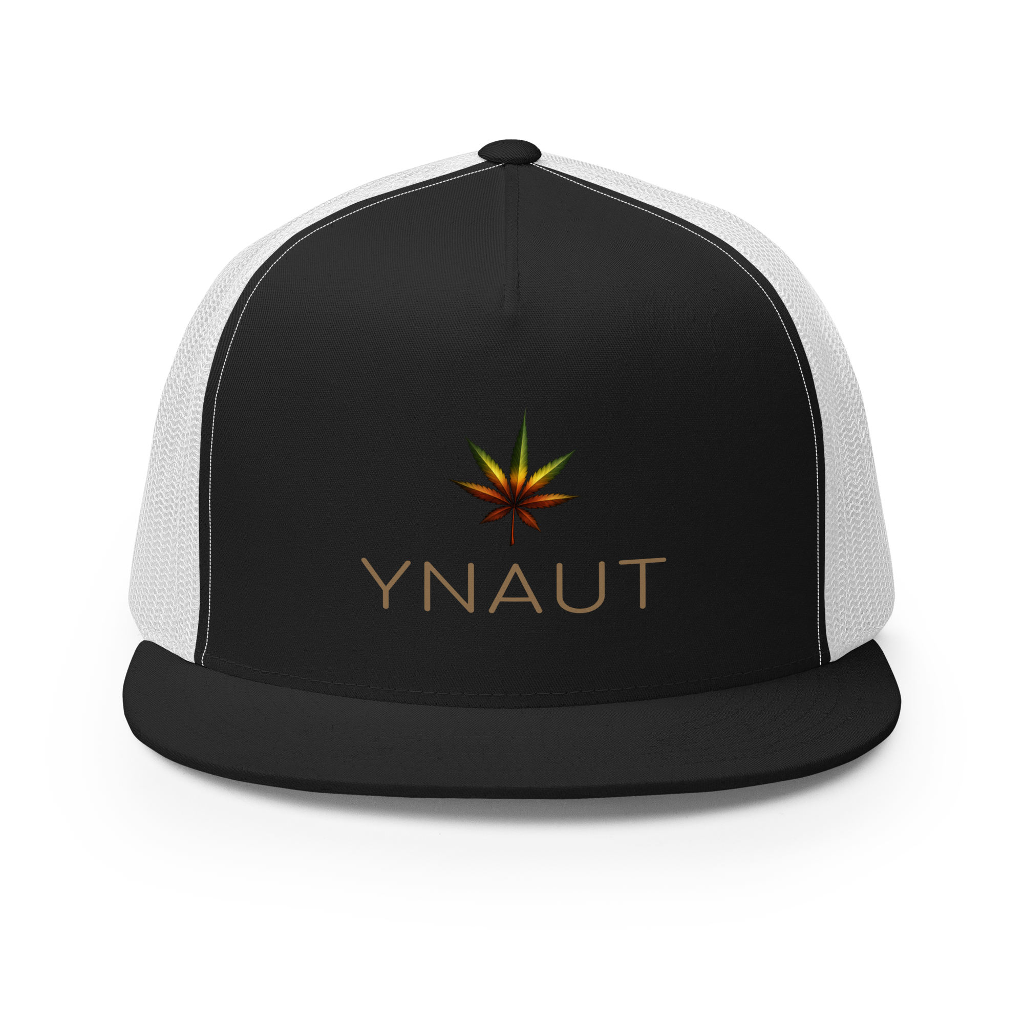 YNAUT Trucker Cap | High-Profile Minimalist Cannabis & Reggae Streetwear Hat with printed YNAUT logo, 5-panel-trucker-cap-black-white-front-6a5668afd3b87
