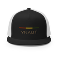 Snapback Trucker Cap | Riddim Collection | YNAUT with printed YNAUT Riddim logo, black white, front view