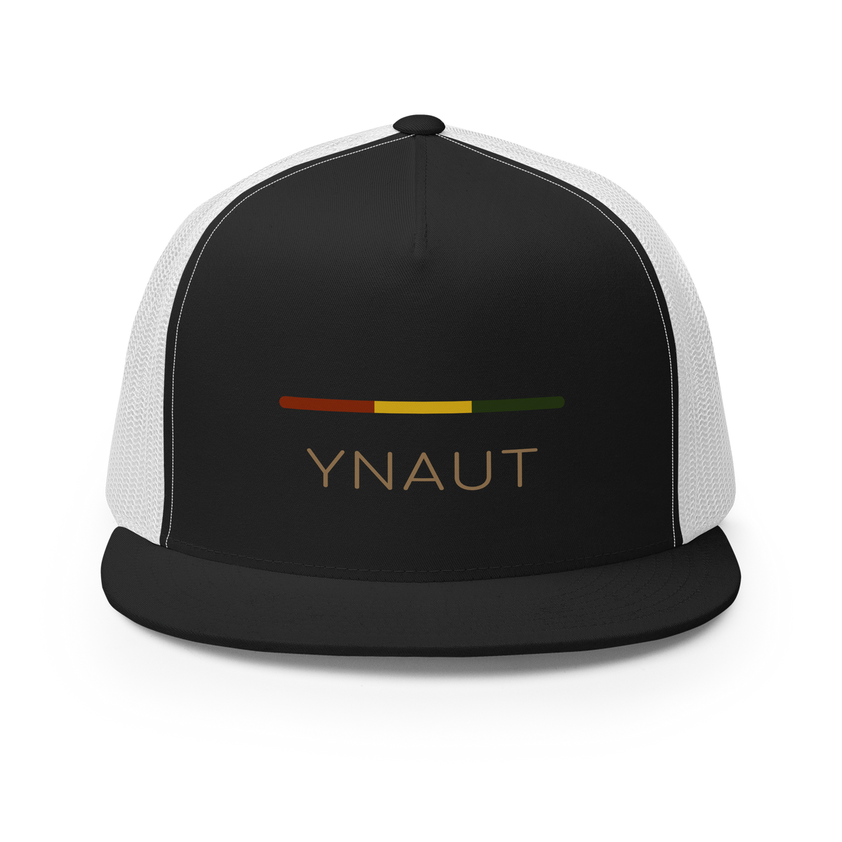 Snapback Trucker Cap | Riddim Collection | YNAUT with printed YNAUT Riddim logo, black white, front view