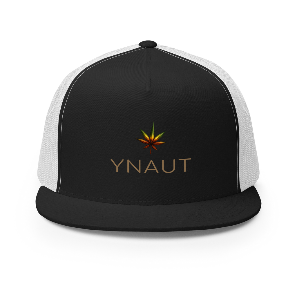 Snapback Trucker Cap | High Tide Collection | YNAUT with printed YNAUT High Tide logo, black white, front view