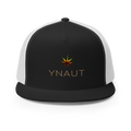 Snapback Trucker Cap | High Tide Collection | YNAUT with printed YNAUT High Tide logo, black white, front view