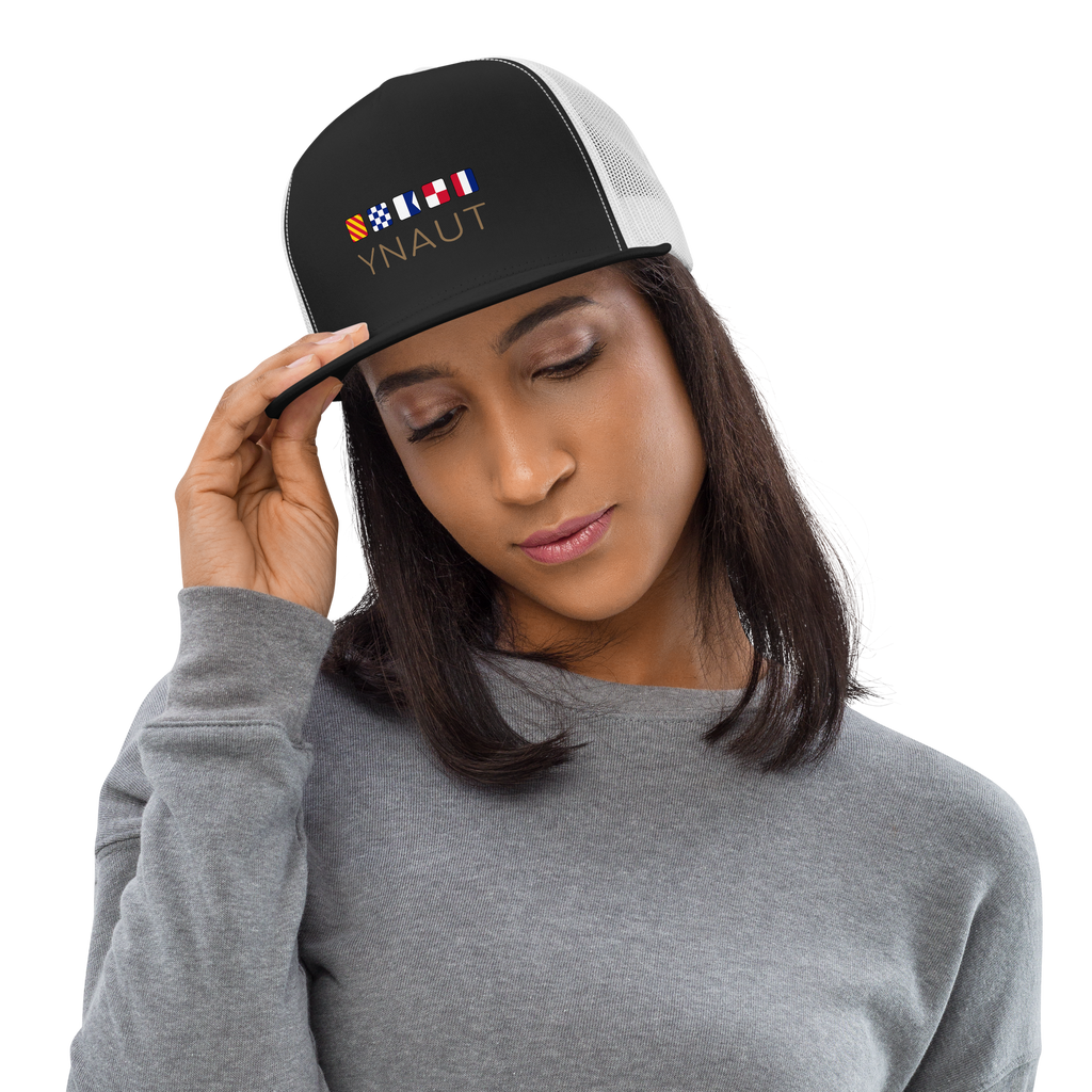 Snapback Trucker Cap | Signal Collection | YNAUT with printed YNAUT Signal logo, black white, front view