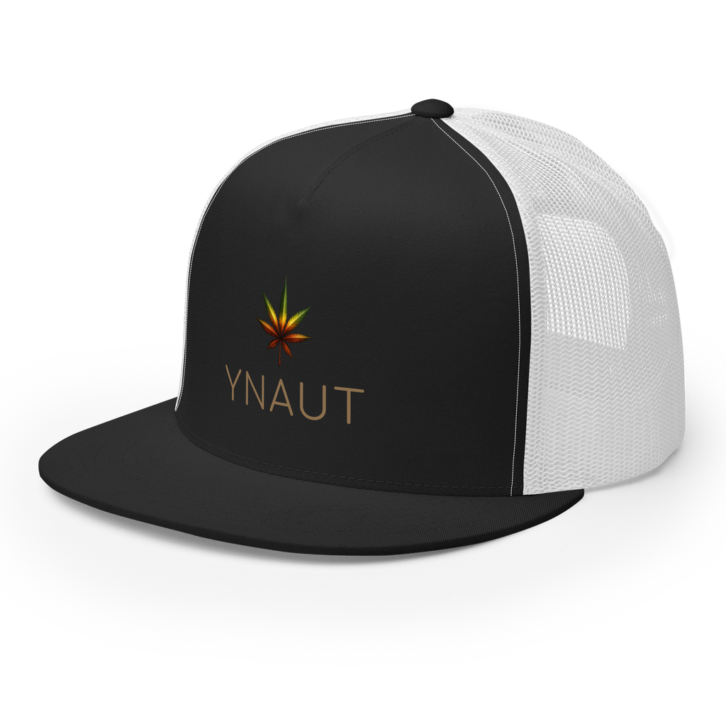YNAUT Trucker Cap | High-Profile Minimalist Cannabis & Reggae Streetwear Hat with printed YNAUT logo, 5-panel-trucker-cap-black-white-left-front-6a5668afd3bf3