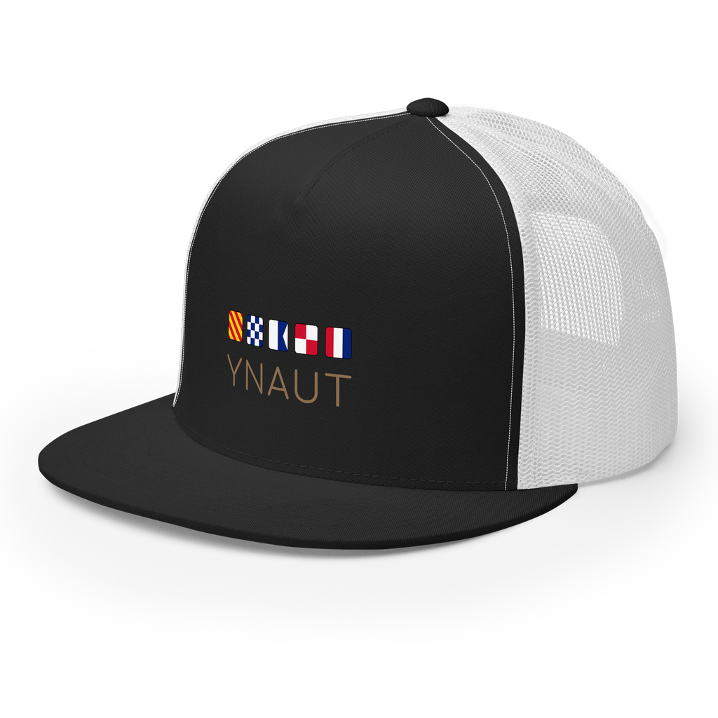 Snapback Trucker Cap | Signal Collection | YNAUT with printed YNAUT Signal logo, black white, left front view