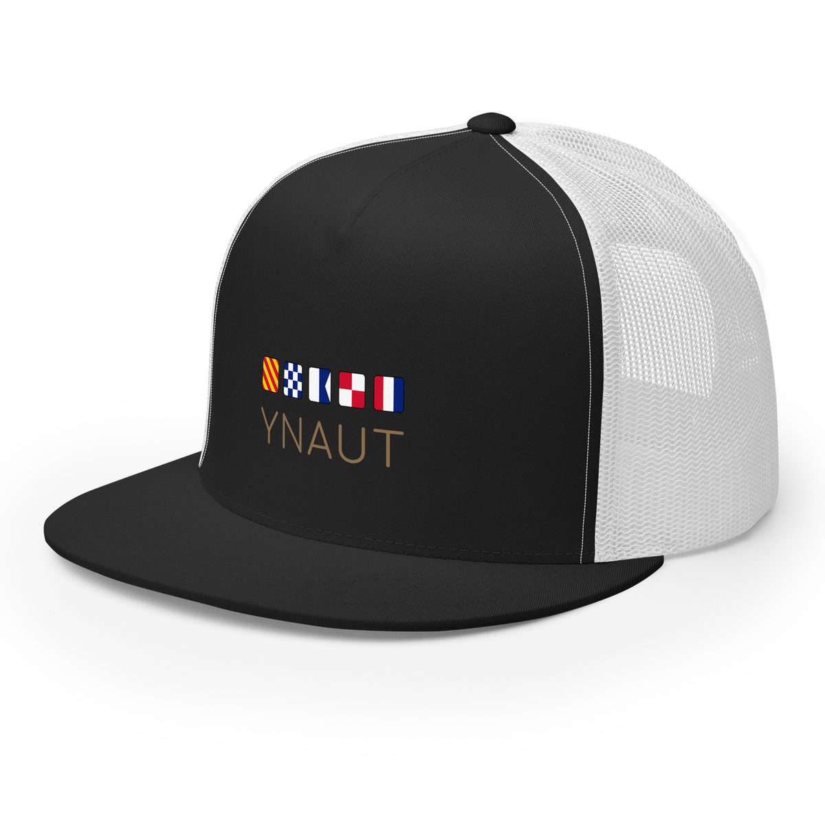 Snapback Trucker Cap | Signal Collection | YNAUT with printed YNAUT Signal logo, black white, left front view