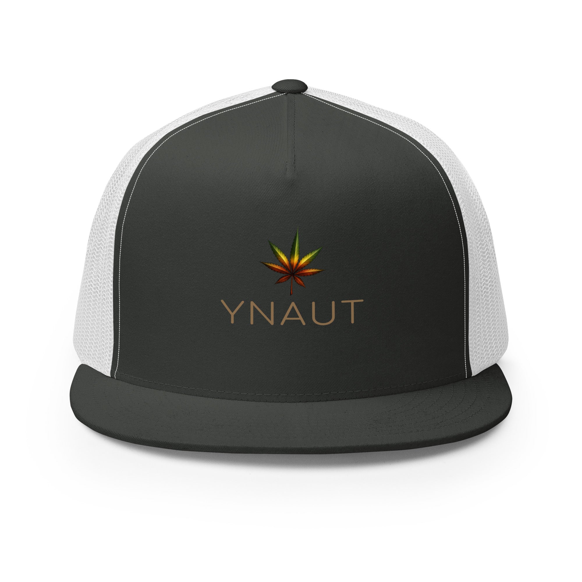 YNAUT Trucker Cap with printed YNAUT logo, 5-panel-trucker-cap-charcoal-white-front-69dd2594ca781
