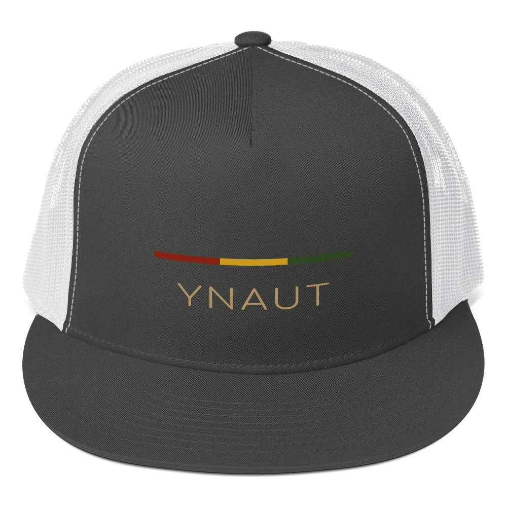 YNAUT Trucker Cap | Stripe Logo High-Profile Minimalist Rasta Hat with printed YNAUT logo, 5-panel-trucker-cap-charcoal-white-front-6a4be05a0209a