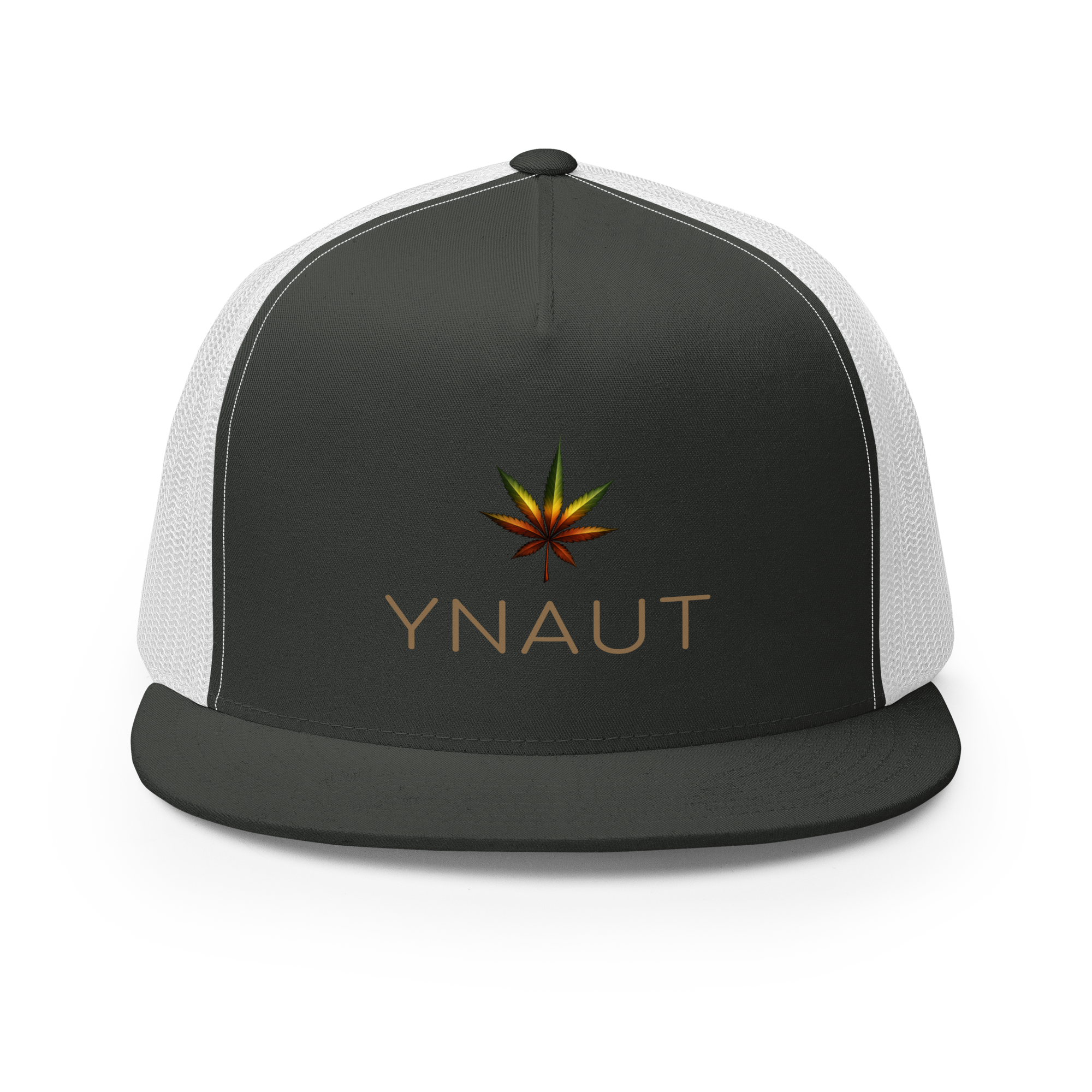YNAUT Trucker Cap | High-Profile Minimalist Cannabis & Reggae Streetwear Hat with printed YNAUT logo, 5-panel-trucker-cap-charcoal-white-front-6a5668afd3e26