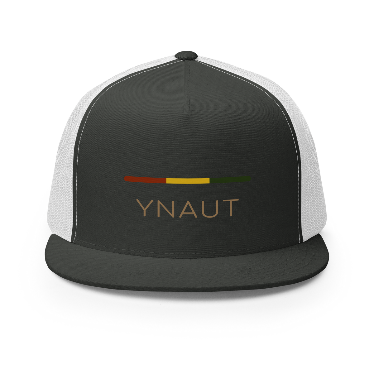 Snapback Trucker Cap | Riddim Collection | YNAUT with printed YNAUT Riddim logo, charcoal white, front view
