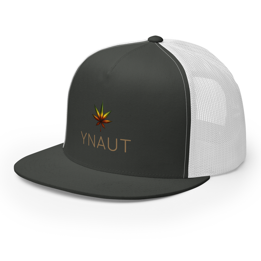 YNAUT Trucker Cap | High-Profile Minimalist Cannabis & Reggae Streetwear Hat with printed YNAUT logo, 5-panel-trucker-cap-charcoal-white-left-front-6a5668afd3e7c
