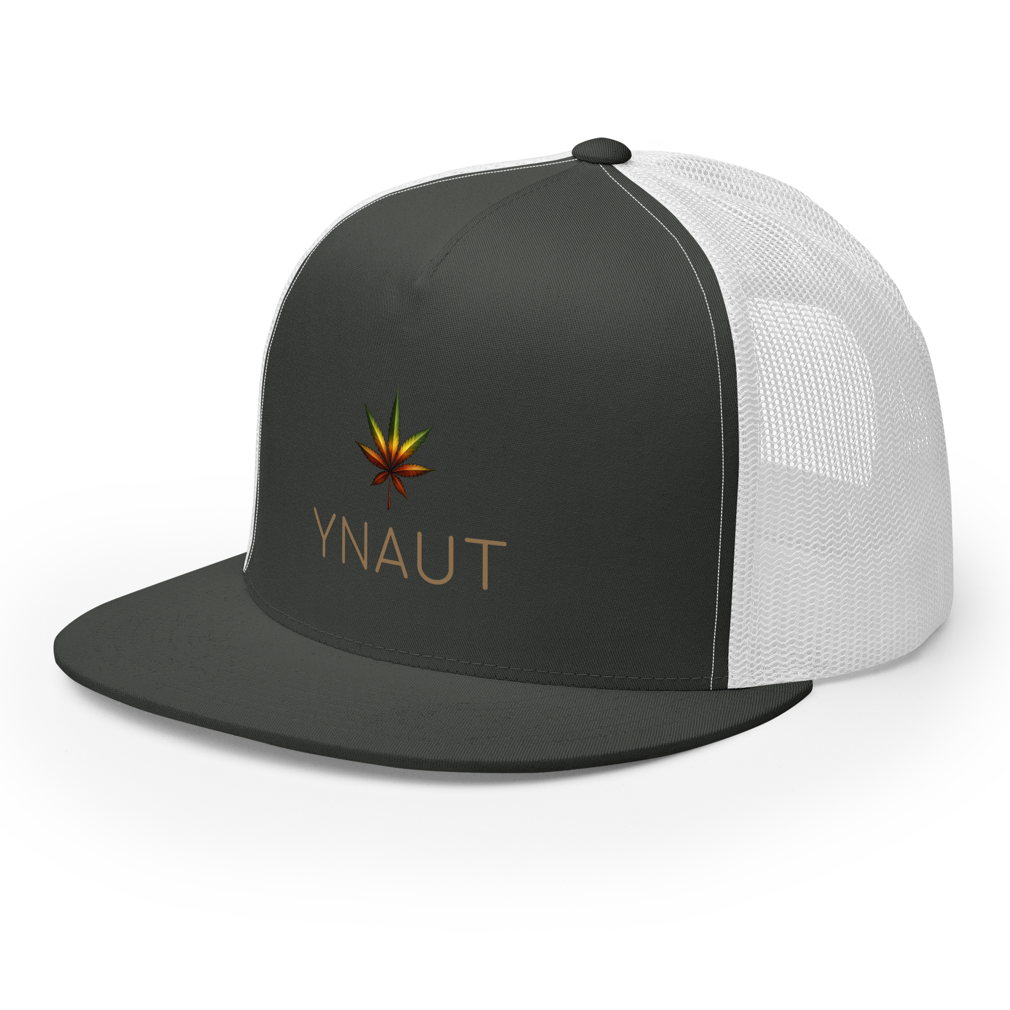 YNAUT Trucker Cap | High-Profile Minimalist Cannabis & Reggae Streetwear Hat with printed YNAUT logo, 5-panel-trucker-cap-charcoal-white-left-front-6a5668afd3e7c
