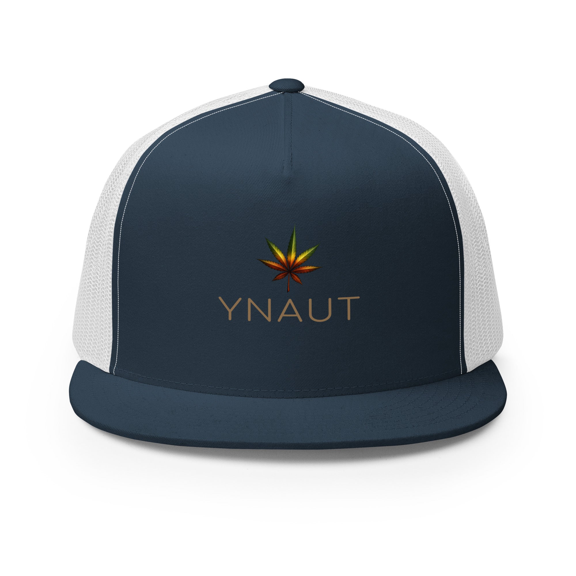 YNAUT Trucker Cap with printed YNAUT logo, 5-panel-trucker-cap-navy-white-front-69dd2594ca4d1