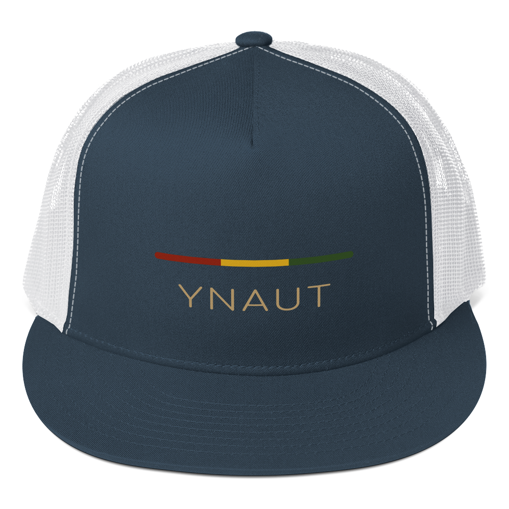 YNAUT Trucker Cap | Stripe Logo High-Profile Minimalist Rasta Hat with printed YNAUT logo, 5-panel-trucker-cap-navy-white-front-6a4be05a02031