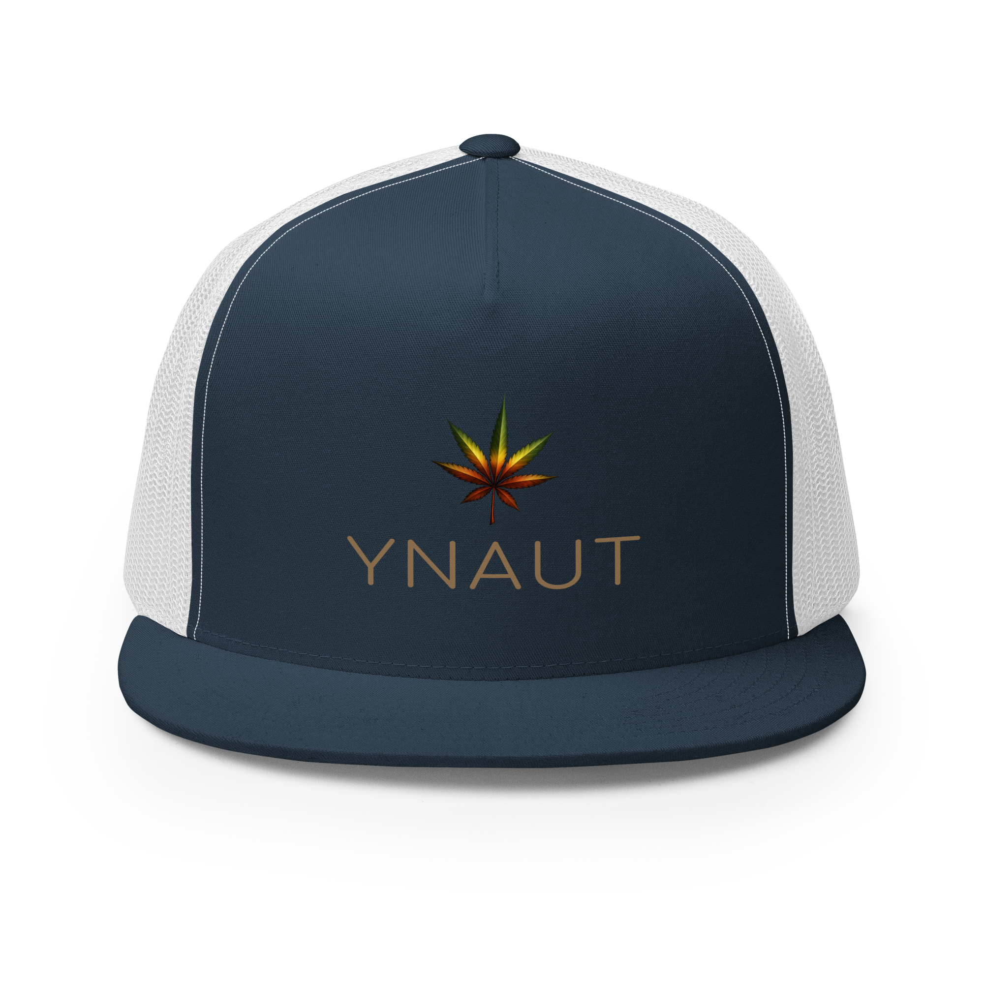 YNAUT Trucker Cap | High-Profile Minimalist Cannabis & Reggae Streetwear Hat with printed YNAUT logo, 5-panel-trucker-cap-navy-white-front-6a5668afd3d59