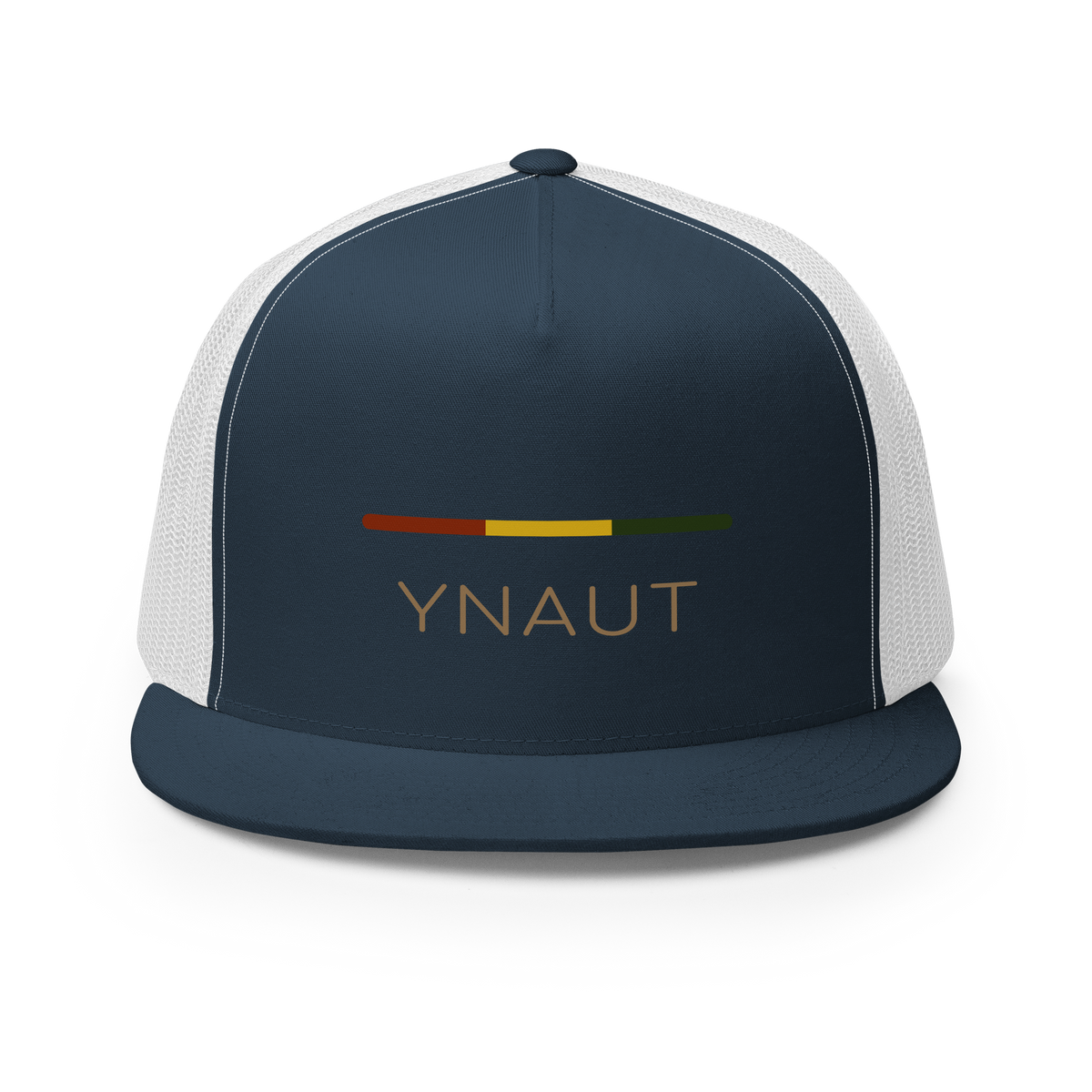 Snapback Trucker Cap | Riddim Collection | YNAUT with printed YNAUT Riddim logo, navy white, front view