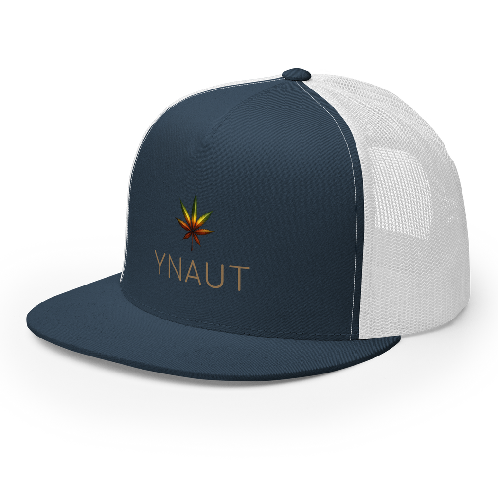 YNAUT Trucker Cap | High-Profile Minimalist Cannabis & Reggae Streetwear Hat with printed YNAUT logo, 5-panel-trucker-cap-navy-white-left-front-6a5668afd3dac