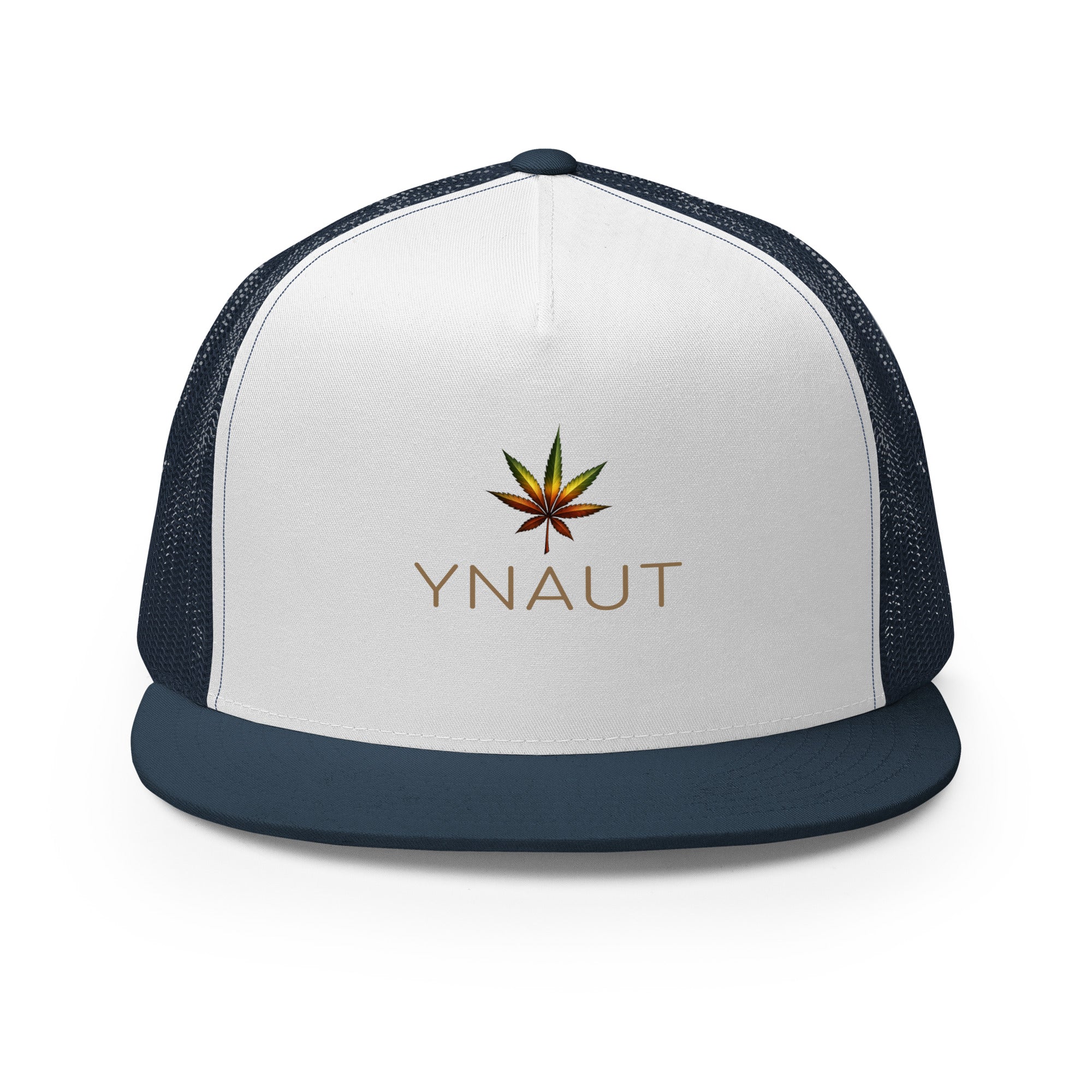 YNAUT Trucker Cap with printed YNAUT logo, 5-panel-trucker-cap-navy-white-navy-front-69dd2594caf68