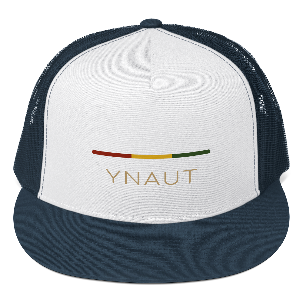 YNAUT Trucker Cap | Stripe Logo High-Profile Minimalist Rasta Hat with printed YNAUT logo, 5-panel-trucker-cap-navy-white-navy-front-6a4be05a02180