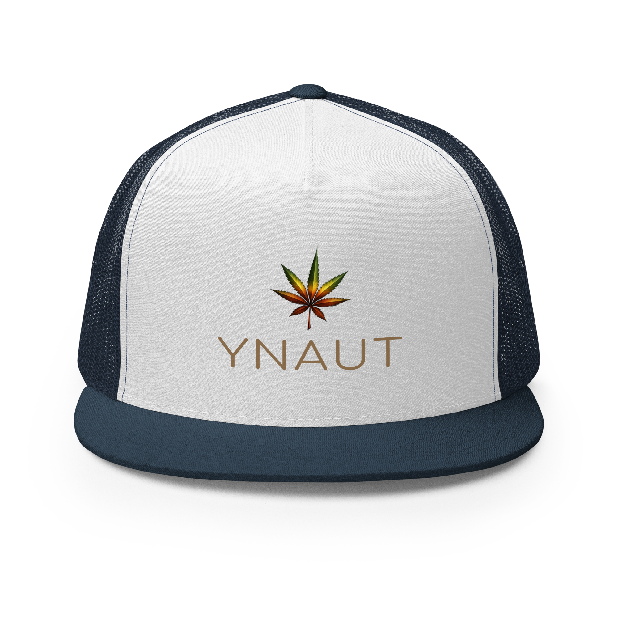 YNAUT Trucker Cap | High-Profile Minimalist Cannabis & Reggae Streetwear Hat with printed YNAUT logo, 5-panel-trucker-cap-navy-white-navy-front-6a5668afd400e