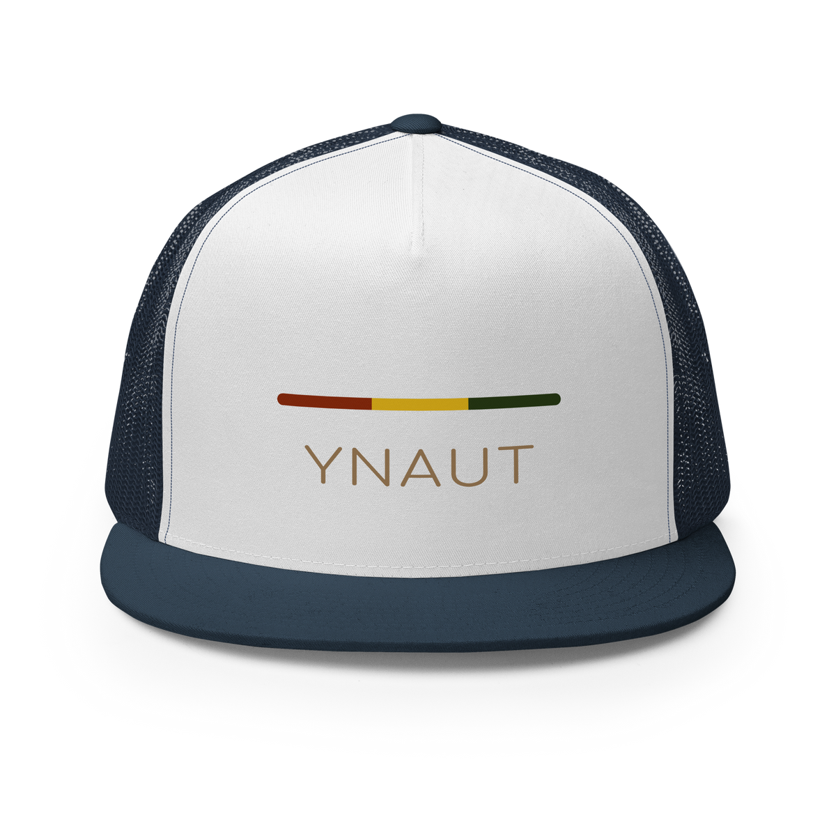 Snapback Trucker Cap | Riddim Collection | YNAUT with printed YNAUT Riddim logo, navy white navy, front view