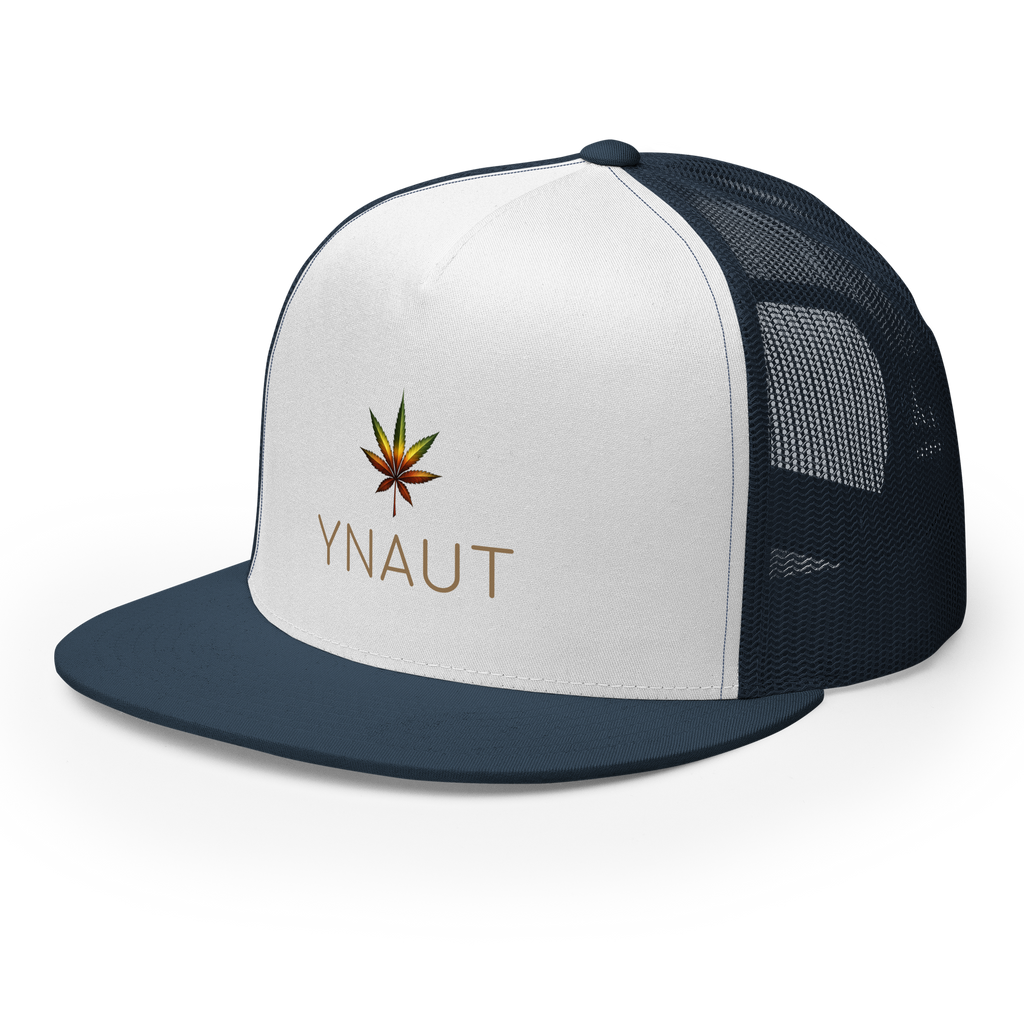 YNAUT Trucker Cap | High-Profile Minimalist Cannabis & Reggae Streetwear Hat with printed YNAUT logo, 5-panel-trucker-cap-navy-white-navy-left-front-6a5668afd405b