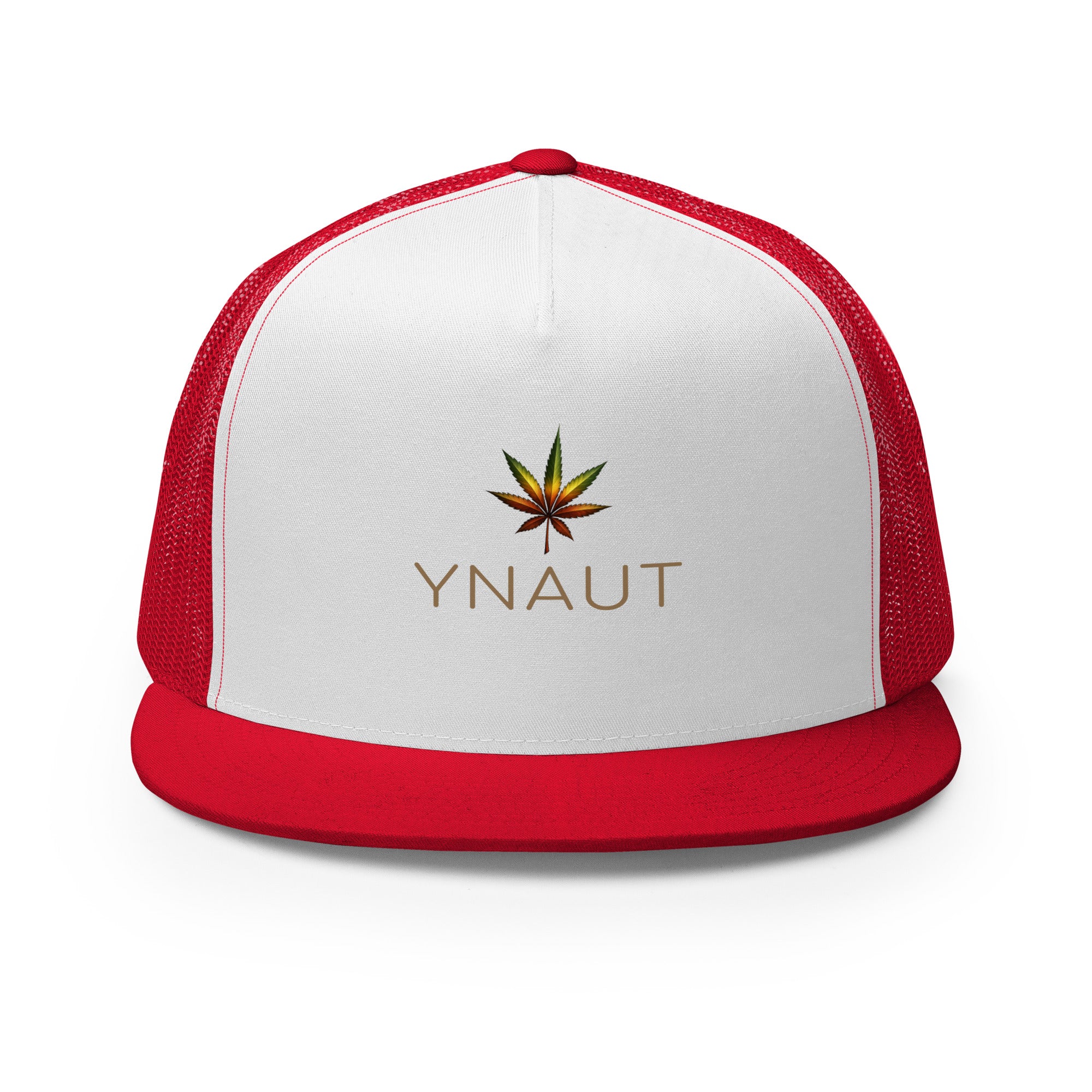 YNAUT Trucker Cap with printed YNAUT logo, 5-panel-trucker-cap-red-white-red-front-69dd2594cacc5